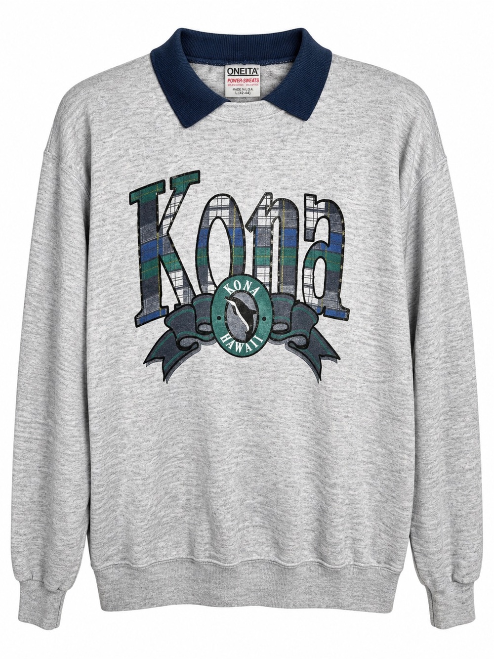 Vintage 90s Oneita Power Sweats Kona Hawaii Collared Sweatshirt Large Gray USA